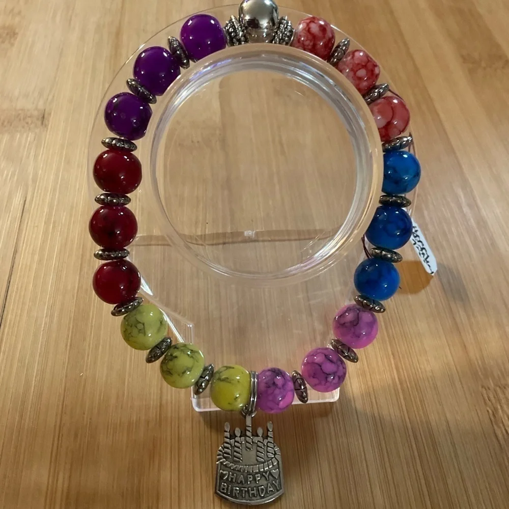 Hand Crafted Charm Bracelet Happy Birthday Pink Blue Yellow Red Amethyst Silver